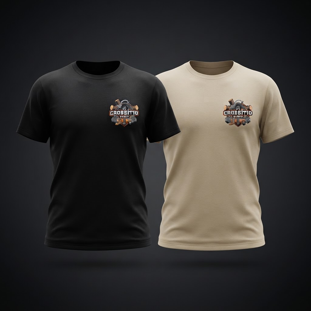Mockup ilustrativo das versões preta e areia da Camiseta A Natureza é a Arena com a logomarca oficial do Crossítio Games.