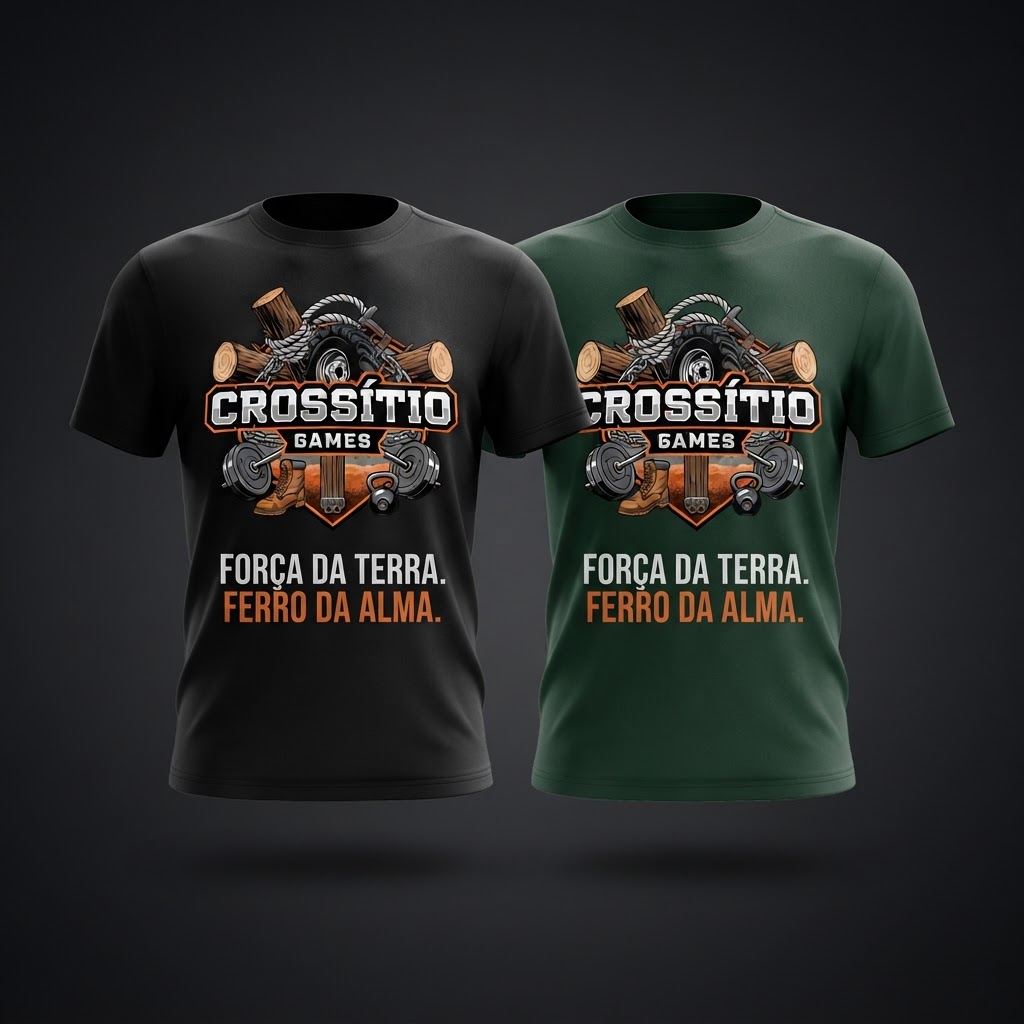 Mockup ilustrativo das versões preta e verde da Camiseta Força da Terra com a logomarca oficial do Crossítio Games.