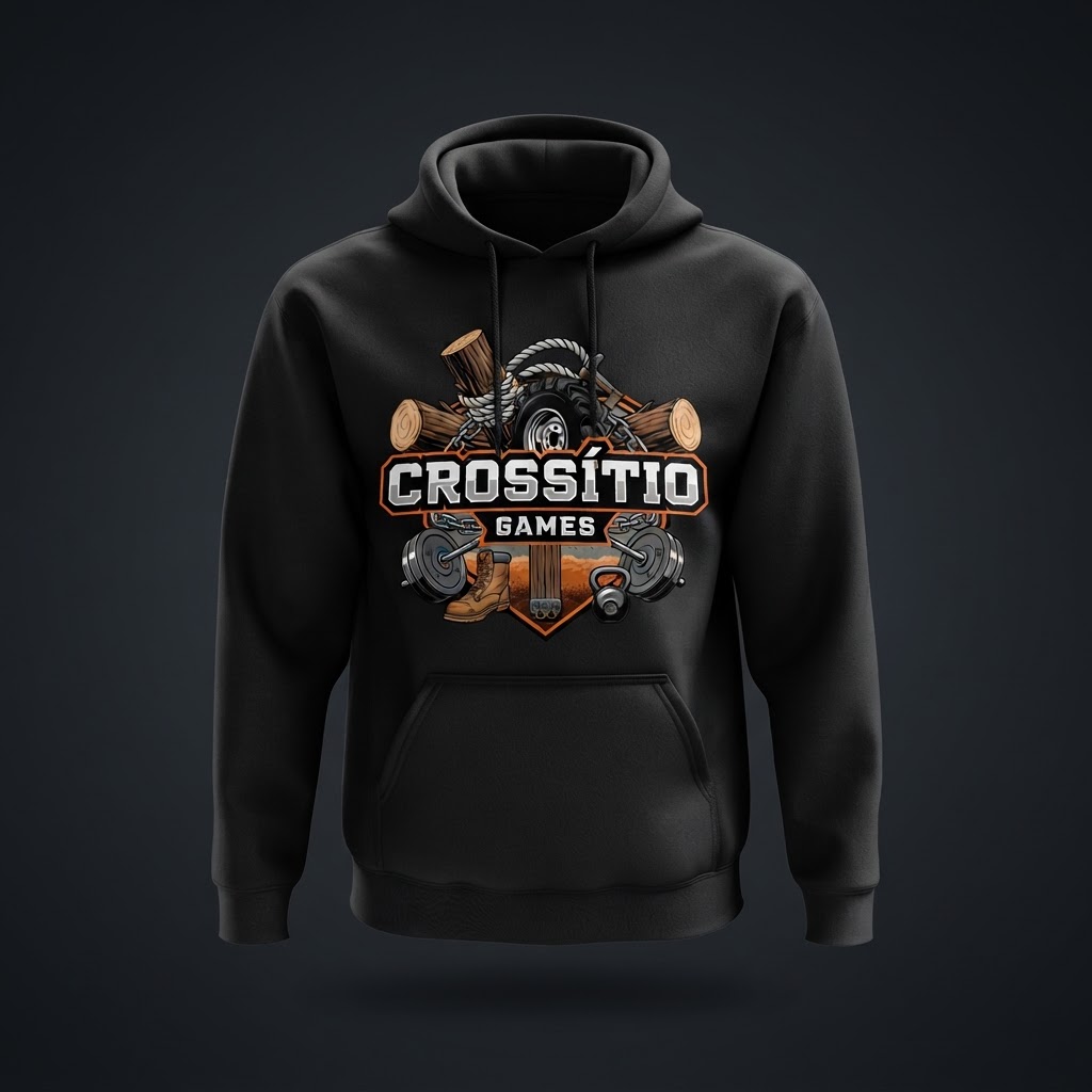 Mockup ilustrativo frontal e traseiro do Moletom Origem preto com a logomarca oficial do Crossítio Games.