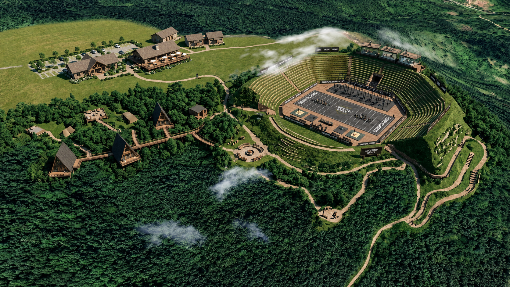 Render conceitual aéreo da Unidade Fundadora, com arena principal, trilhas, área de camping e edificações de apoio integradas à vegetação