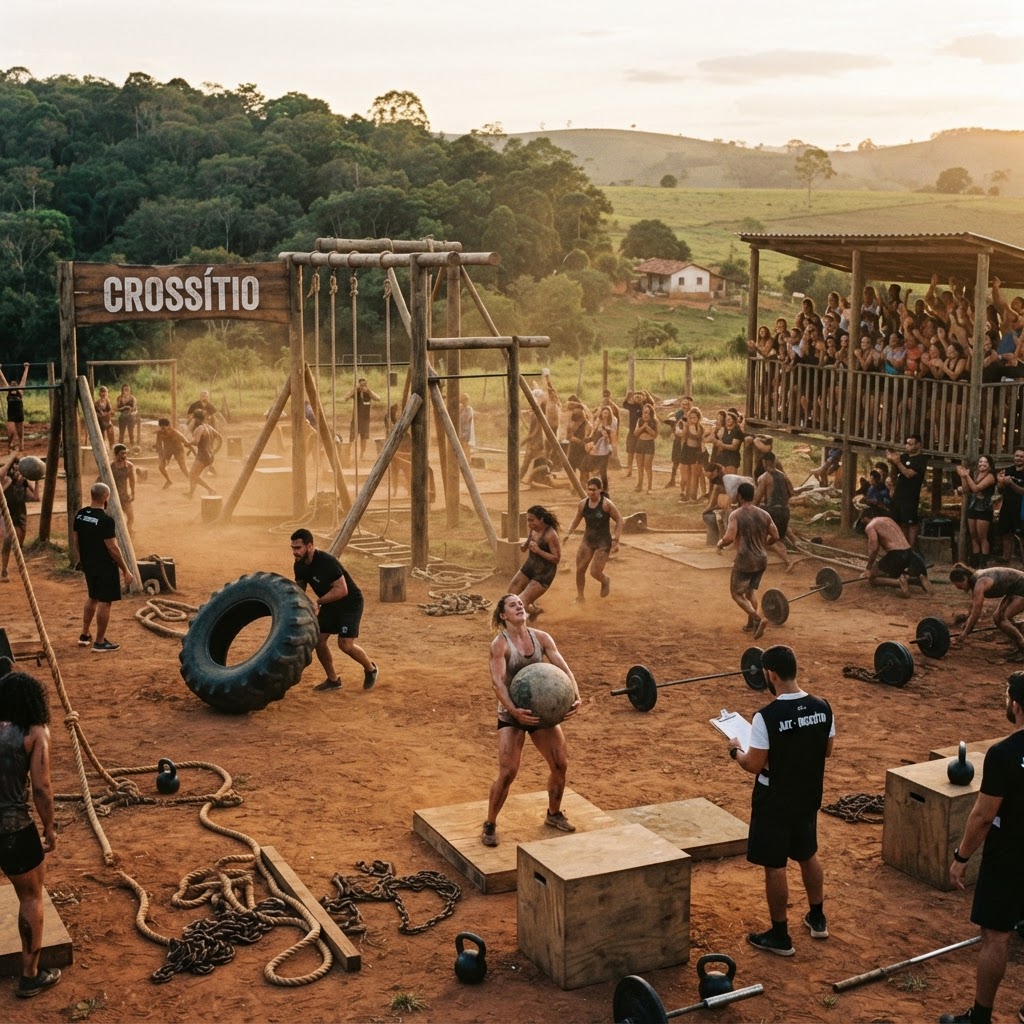 Ambiente conceitual do Crossítio com equipamentos rústicos e mata ao fundo